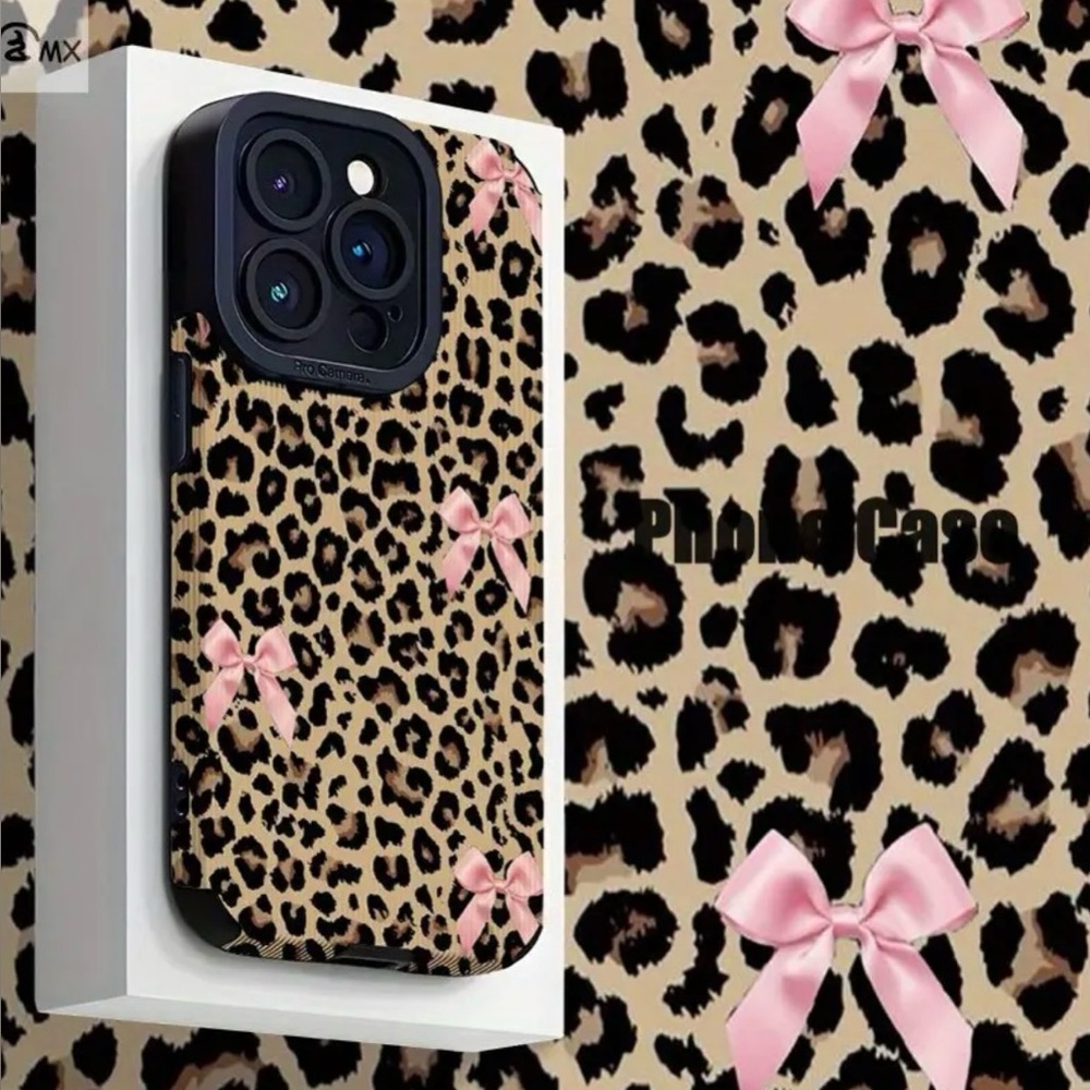 iPhone Phone Case Vertical Stripe PU Leopard Print with Pink Bows - Picture 5 of 5
